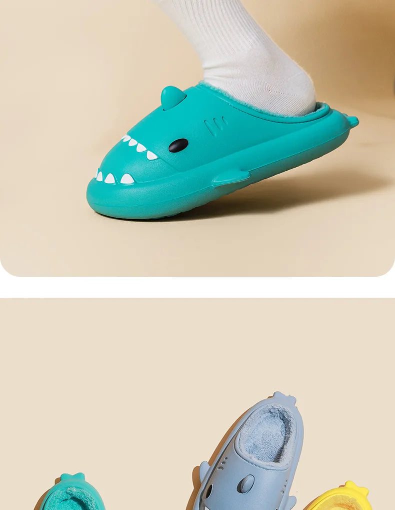 Comwarm Shark Plush Slippers For Women Men Autumn And Winter Warm Cartoon Cotton Slipper Non-Slip Waterproof Outdoor Home Shoes